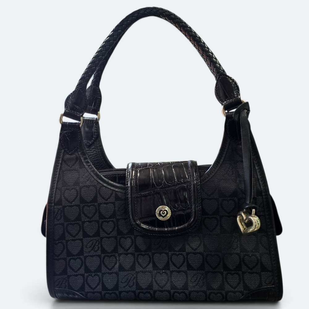 Brighton Purse Black Canvas Leather Heart Monogram Satchel Croc Trim Handbag